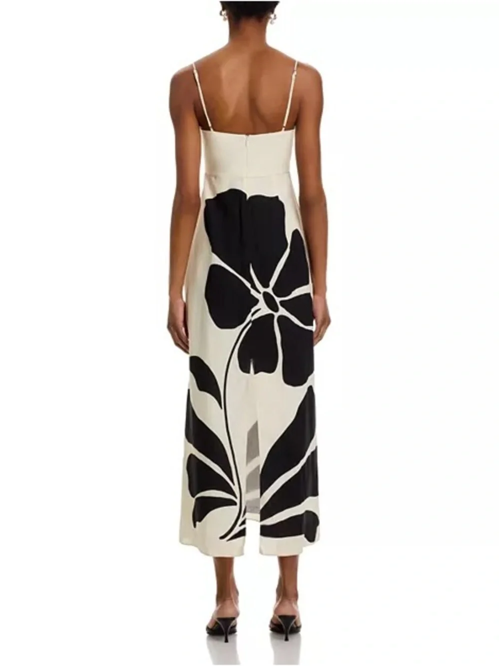 Cream Midi Dress with Bold Black Floral Print and Spaghetti Straps